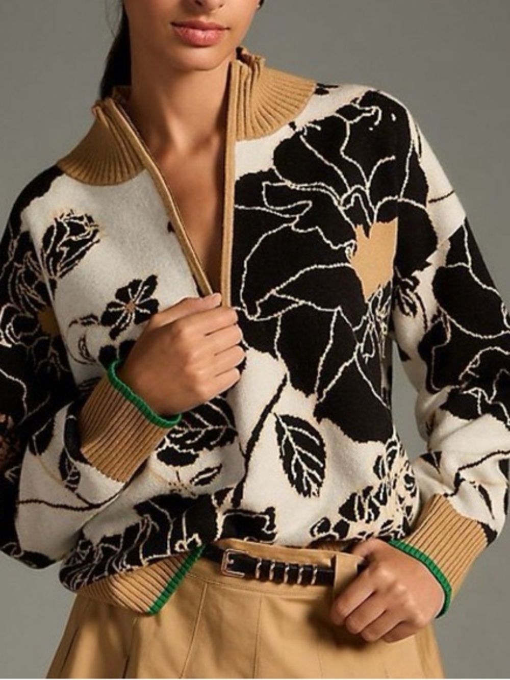 Maeve The Montana Mock Neck Sweater M Anthropologie Black Tan Floral Boxy Chunky